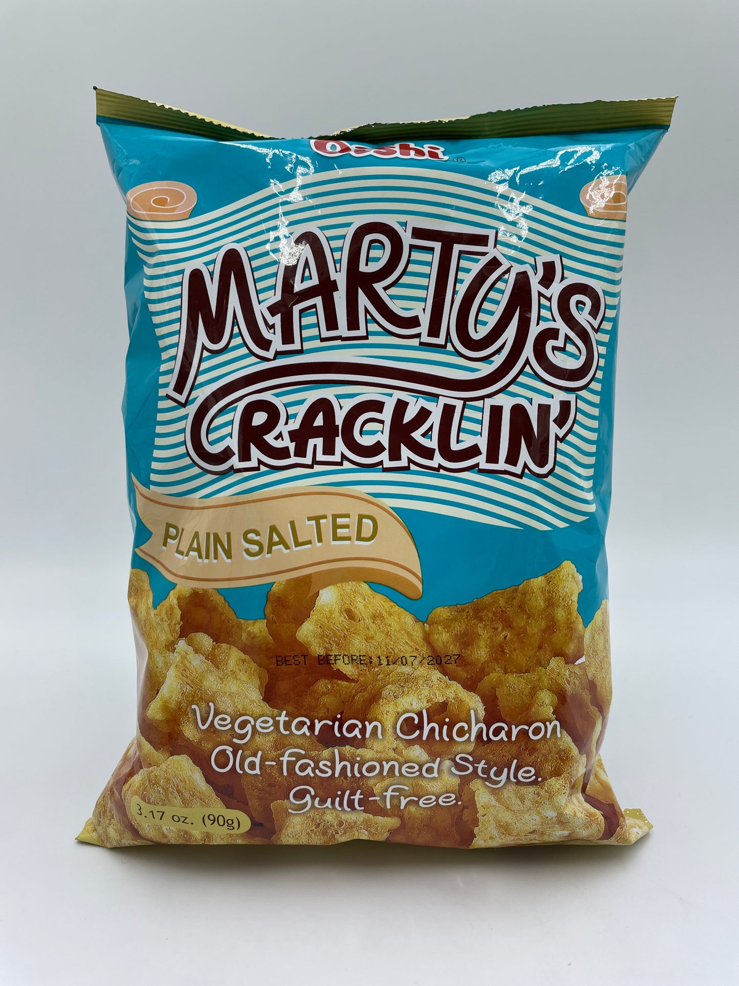 OISHI Marty's Cracklin vegetarisk chicharron med salt, sprød snack i pose, glutenfri og vegansk alternativ.