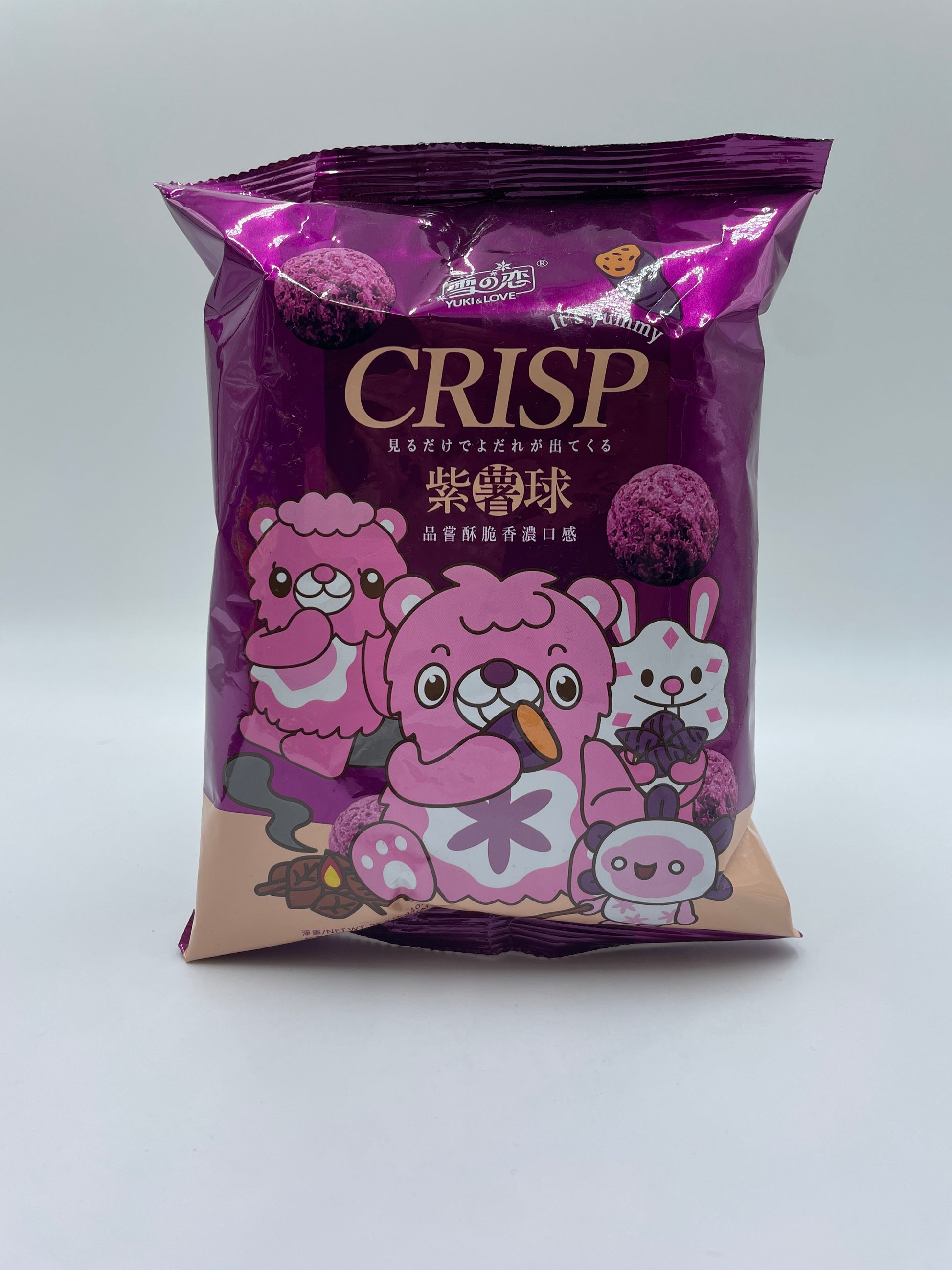 Korn- og purple yam-crackers fra YUKI & LOVE, sprøde snacks med søde og velsmagende ingredienser.