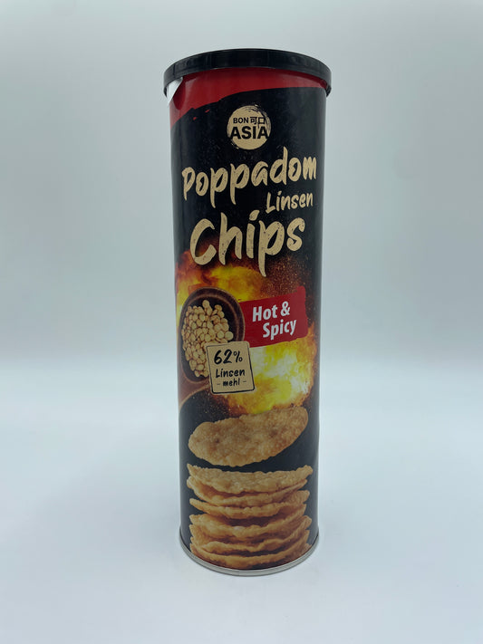 Krydret linschipssnacks fra BON ASIA Poppadom Linsen Chips Hot & Spicy, vises i billedet, sprøde og krydrede snacks.