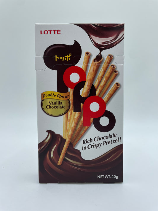 LOTTE Toppo snacks med rig vanilje- og chokoladesmag i sprød pretzel.