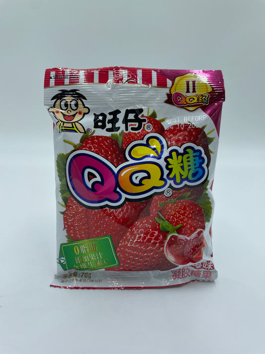 Gummy candies med jordbærsmag fra QQ, farverige og fristende snacks i en gennemsigtig pose