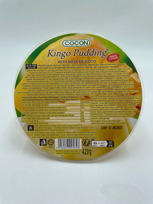 Kokosnødgelé med mango smag fra COCON, dessert-snack med nata de coco i en gennemsigtig skål