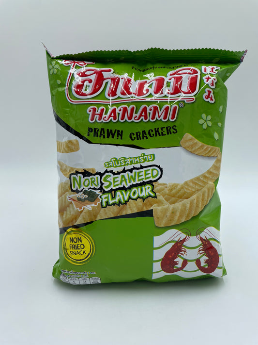 HANAMI Prawn Crackers med nori tang, sprøde snacks med sjøgræs smag, i pose, klar til at nyde.