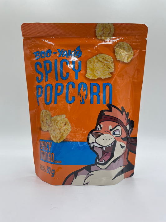 Boo-Yah spicy popcorn med mangosmag, snacks i pose med krydret popcorn og mango smag.
