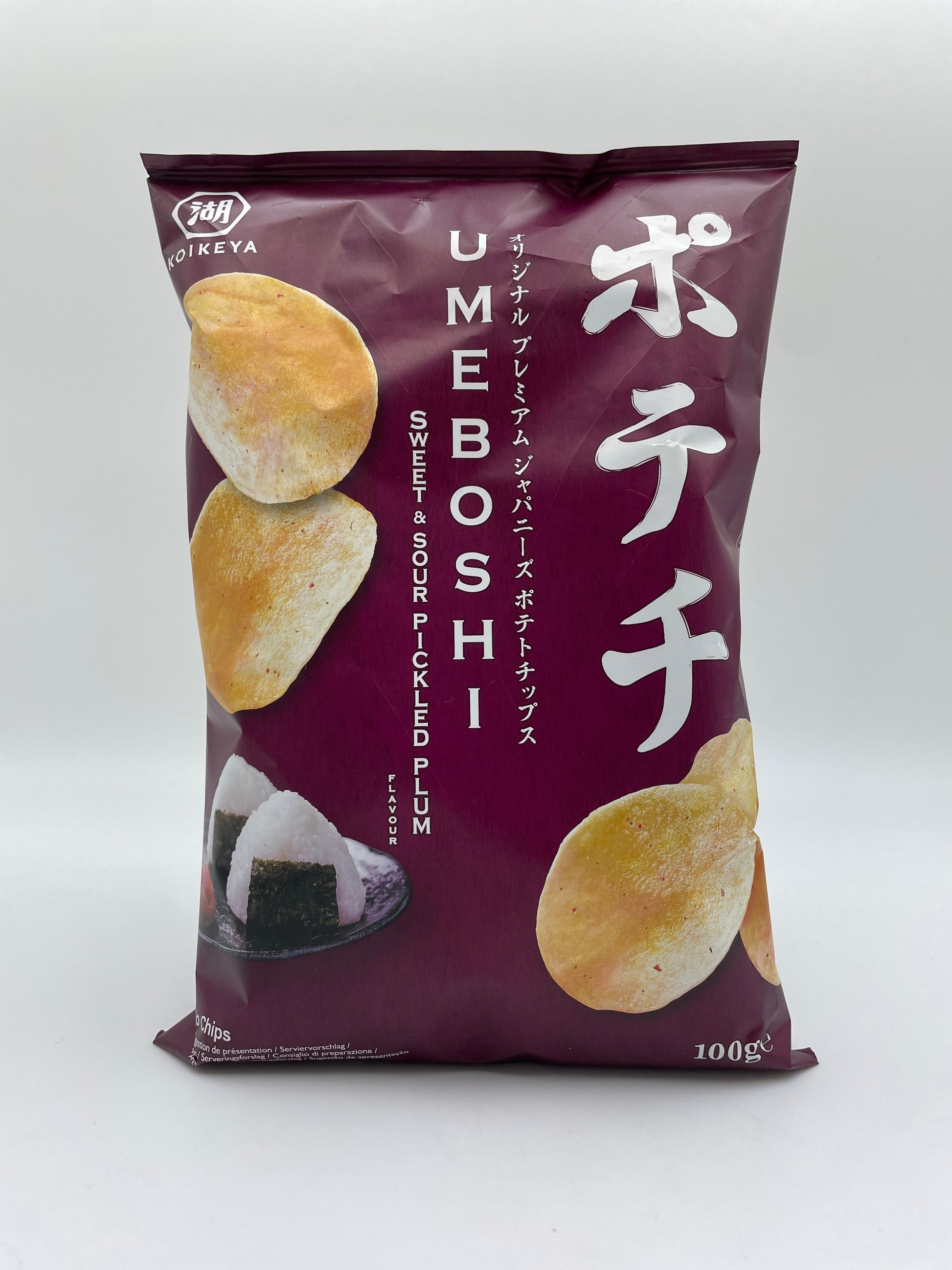 KoiKeya snacks med kartoffelchips med umeboshi sød-syrlig plommesmag, sprøde og velduftende i lyse farver