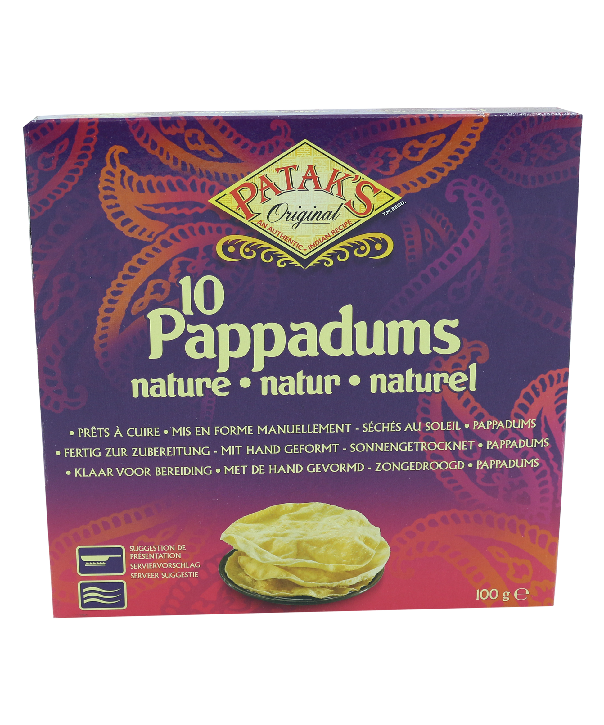 10 Pappadums af mel og stivelse fra PATAK´S, sprøde og tynde indisk snackchips, klar til servering